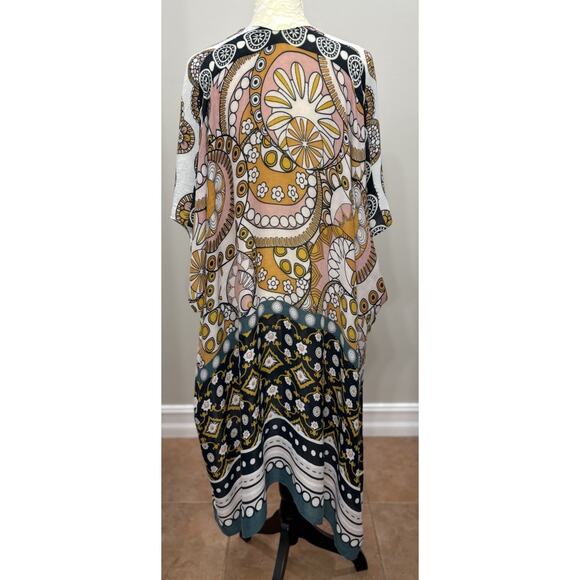 ComfyLuxe Pink Yellow Print 70's Vibe Lightweight Kimono Duster Boho Whimsigoth - Picture 3 of 9